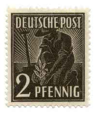 A West German stamp from ca 1948 depicting a farmer planting a crop, denomination 2 Pfennig Source:www.old-stamps.de